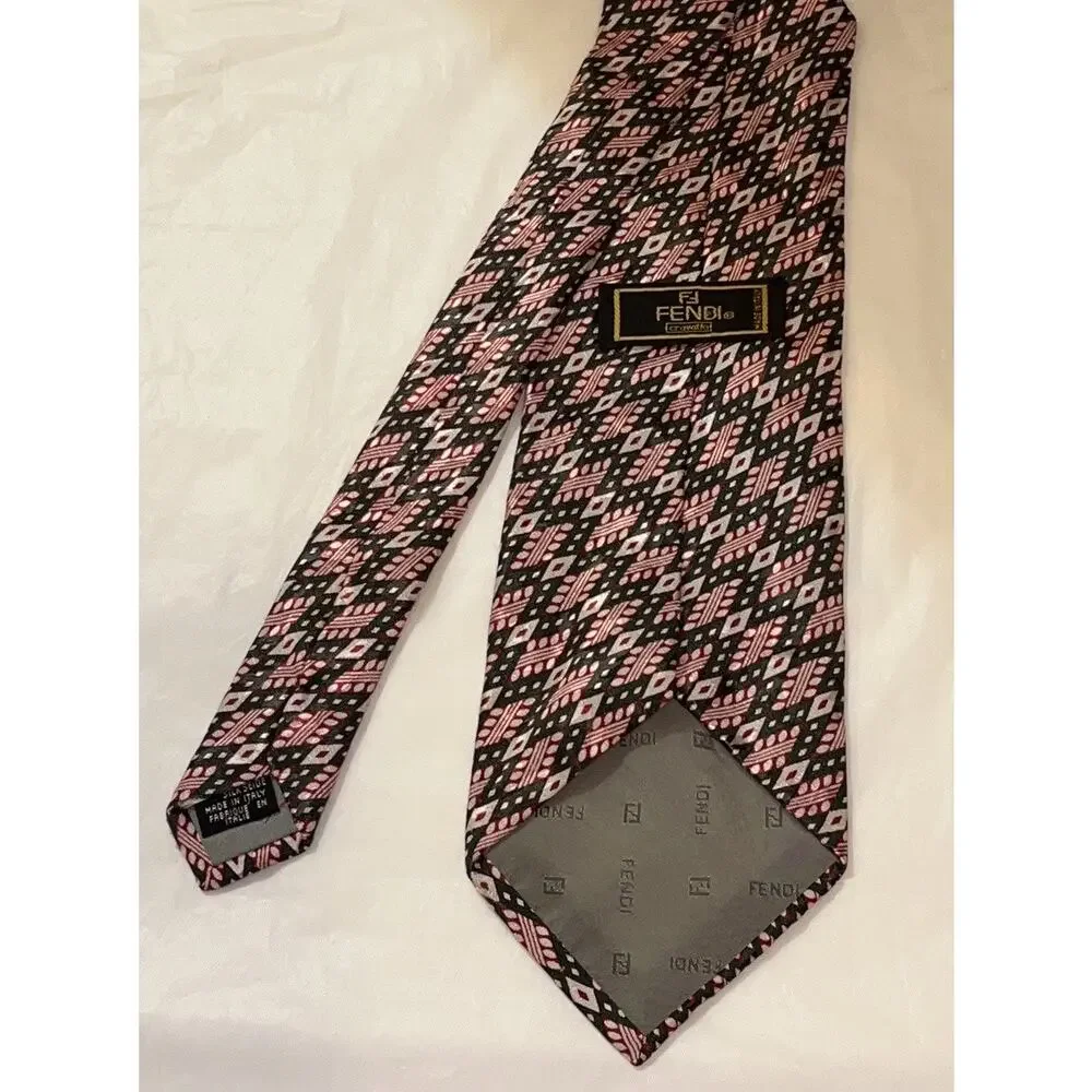 Vintage FENDI Silk Neck Tie - Green & Red Geometric - 4